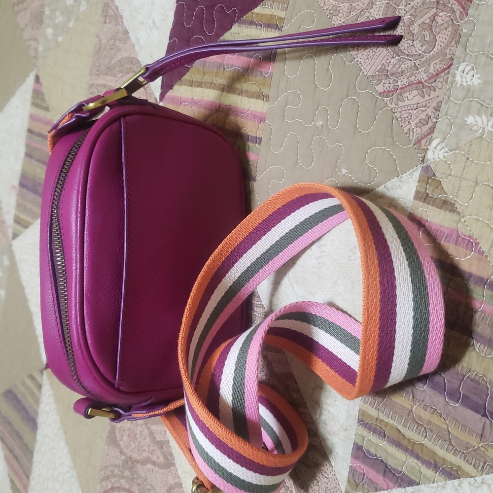 Fossil Crossbody Bag in Vibrant Purple with Multicolor Strap